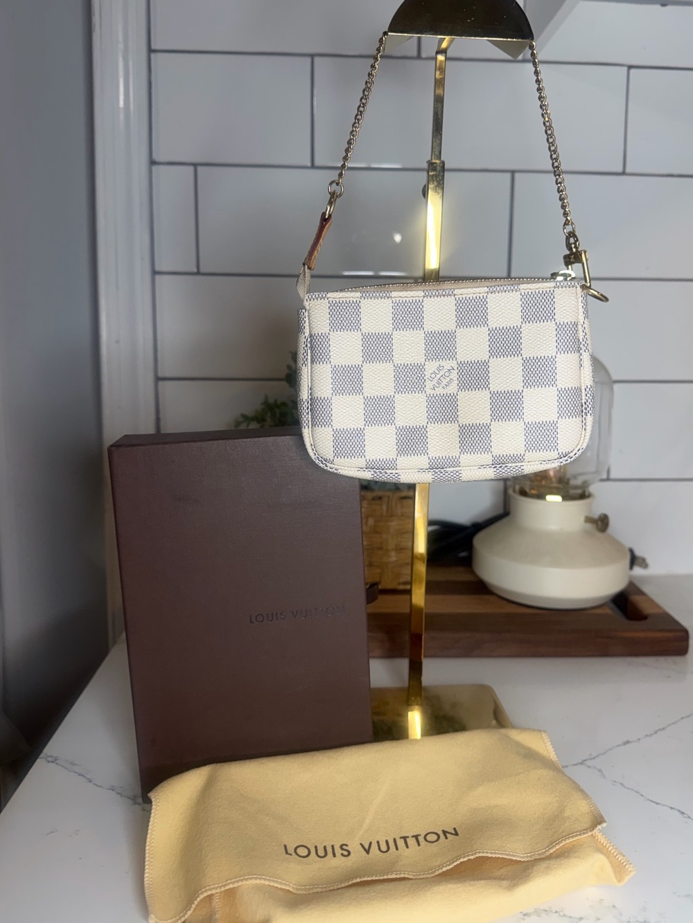 Authentic Louis Vuitton White Damier Azur Mini Pochette Accessoires